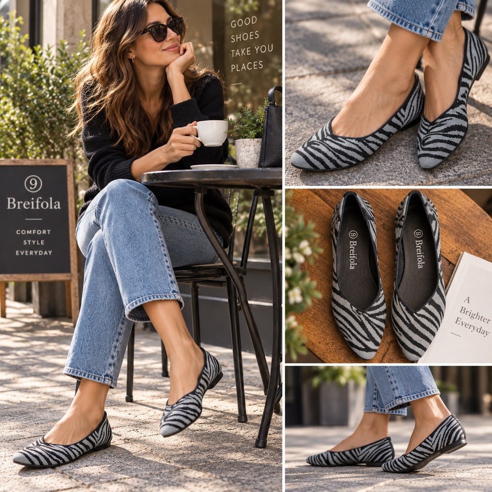 Breifola Women Zebra Print Knit Pointed Toe Flats Black White Slip On Shoes 9